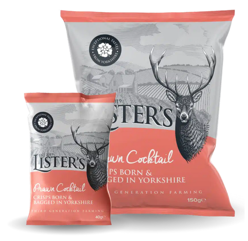 Product image of a 12-pack of 40g Listers Crisps — Prawn Cocktail flavor, showing twelve single-serve branded bags with visible brand name and flavor label.