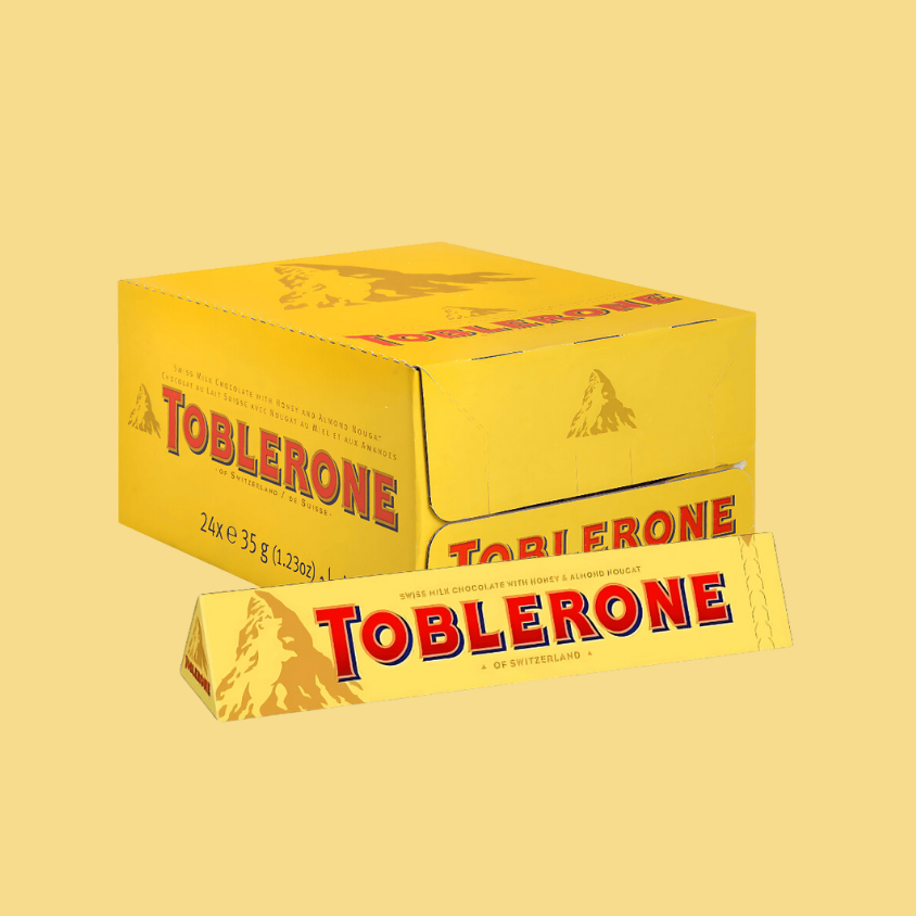 Close-up of Toblerone Swiss milk chocolate bar with honey and almond nougat