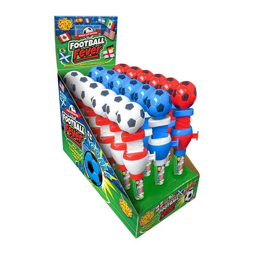 Box of 18 Rose Football Fever sweets — rose-flavored, football-shaped candies arranged in a football-themed gift box, ideal as a novelty gift.