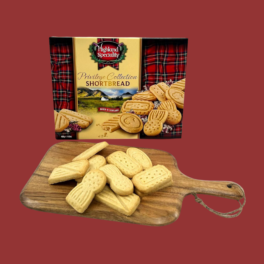 Luxury shortbread biscuit assortment in an elegant tin, perfect for gifting