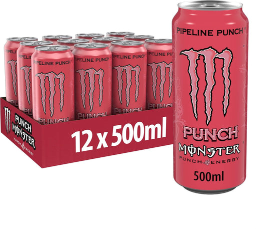Monster Pipeline Punch 500ml x 12 — twelve 500 ml energy drink cans in a multipack, tropical orange-red cans featuring the green Monster claw logo and 'Pipeline Punch' label, boxed together