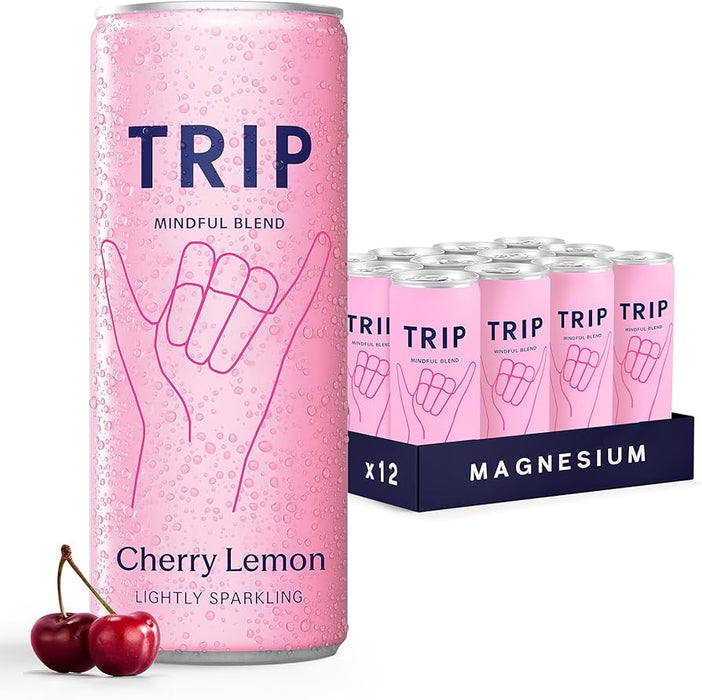 TRIP Mind Cherry Lemon 12 x 250ml pack — twelve 250ml slim cans with cherry-red and lemon-yellow branding, cherry and lemon illustrations and product name visible