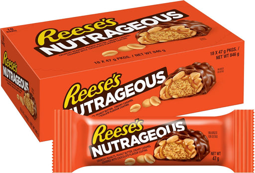 Close-up of Reese’s Nutrageous Bar showing crunchy peanuts and creamy caramel.