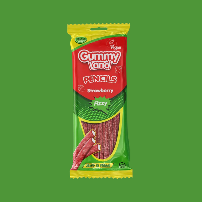 Close-up of Strawberry Fizzy Pencil Sweets - Gummy Land Collection