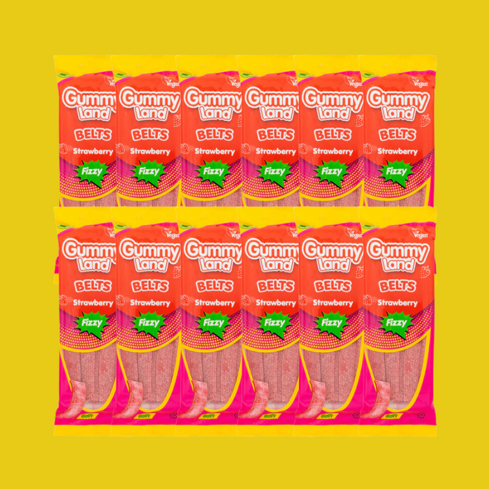 Fizzy Strawberry Belts Candy, 150g Pack of 12 - Gummy Land