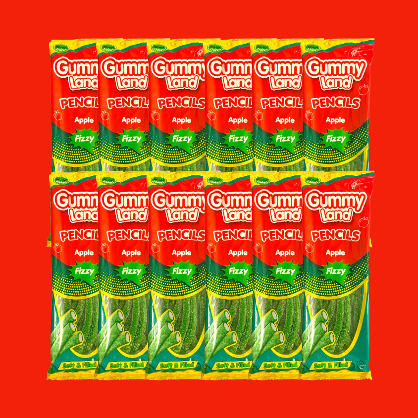 Fizzy Apple Gummy Pencils in a 150g Case - Gummy Land Sweets