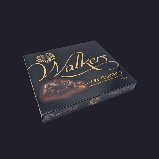 Close-up of assorted rich dark chocolates from Walkers Gift Box.