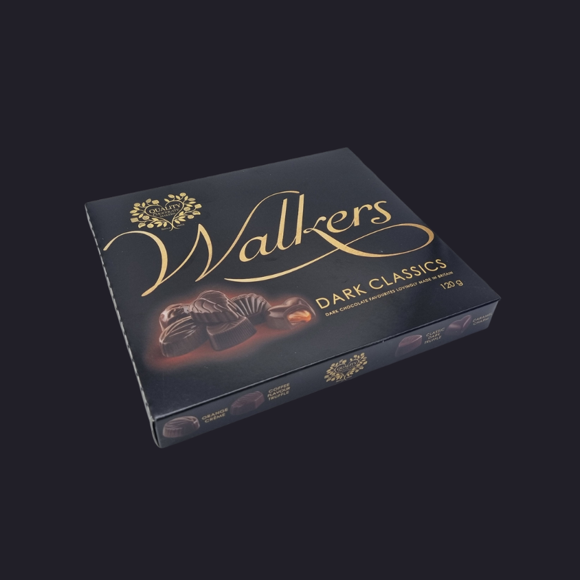 Close-up of assorted rich dark chocolates from Walkers Gift Box.