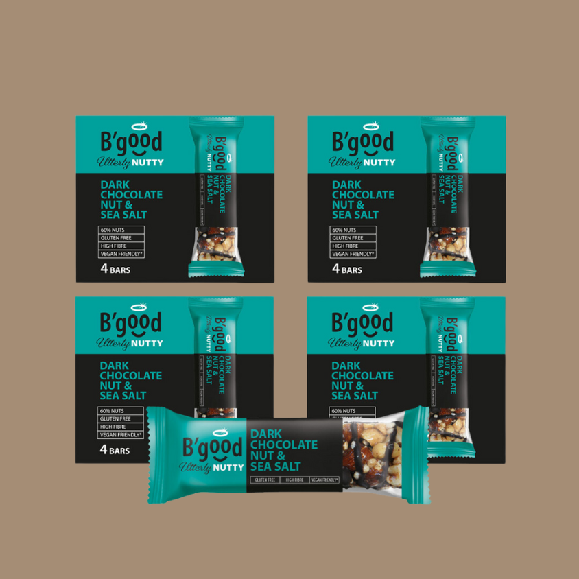 Individually wrapped B'Good Dark Chocolate Nuts & Sea Salt Bars