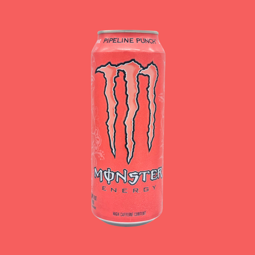 A 4-pack of Monster Pipeline Punch Energy Drinks on a beach-themed table.