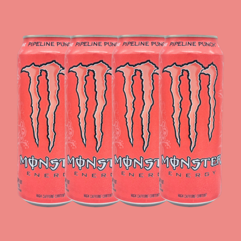 Monster Pipeline Punch can surrounded by tropical fruits: passionfruit, orange, and guava.