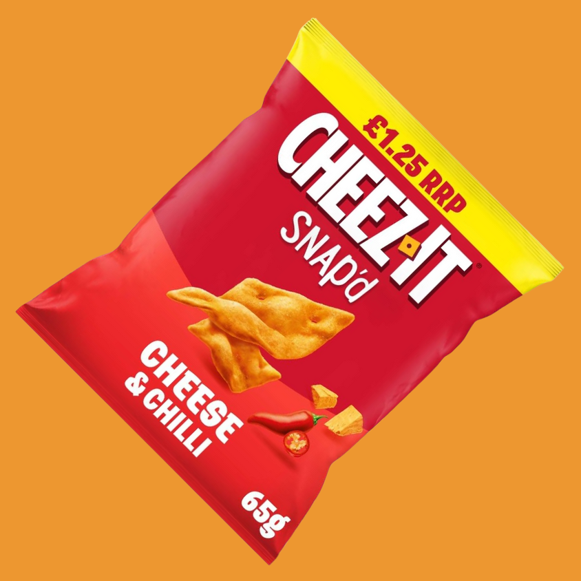 Cheez-It Cheese & Chilli Crackers displayed with snack beverages.