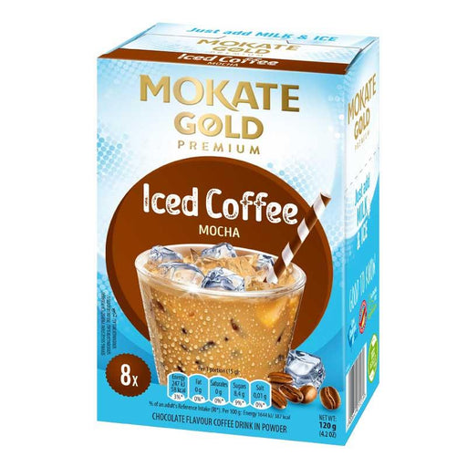 Front-facing image of a Mokate Gold Premium Mocha Iced Coffee multipack — six 120g units with branded packaging and mocha cup imagery, highlighting the instant mocha iced coffee product for chilled drinks