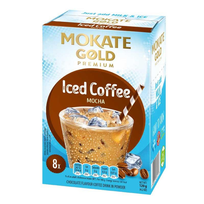 Front-facing image of a Mokate Gold Premium Mocha Iced Coffee multipack — six 120g units with branded packaging and mocha cup imagery, highlighting the instant mocha iced coffee product for chilled drinks