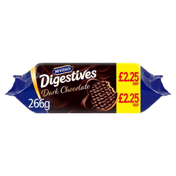 McVitie's Digestive Dark Chocolate 266g pack (PMP £2.25) — front of box with brand logo and image of dark chocolate‑coated digestive biscuits