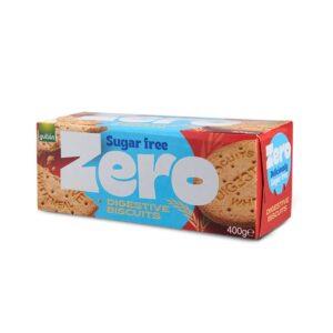 Three 400g packs of Gullon ZERO Sugar Free Digestive biscuits — front-facing white-and-green packaging showing biscuits and a prominent "ZERO" sugar claim.