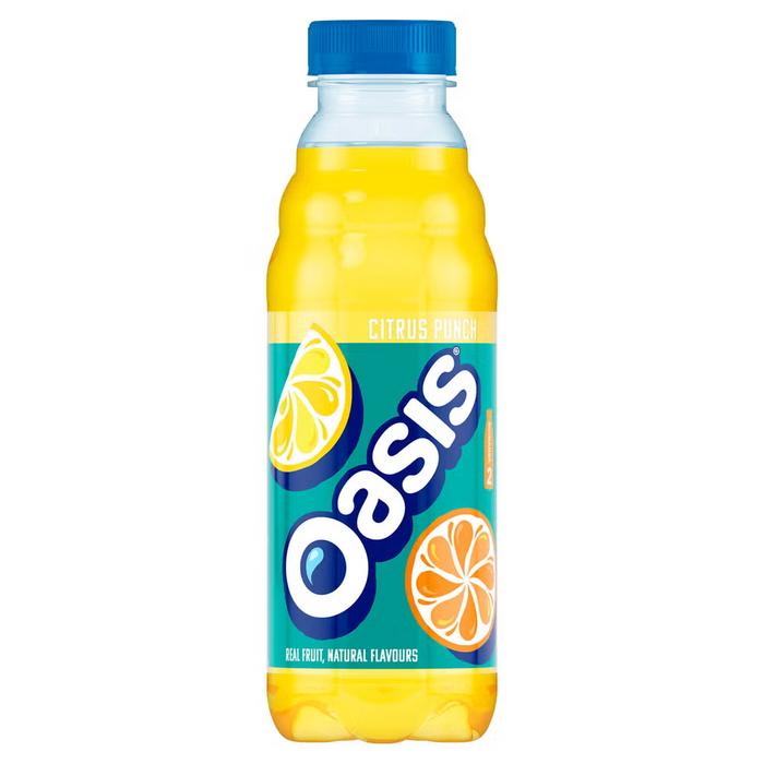 Oasis Citrus Punch 12 x 500ml — case of twelve 500 ml clear plastic bottles filled with bright citrus punch, each bottle labeled "Oasis Citrus Punch" for retail display