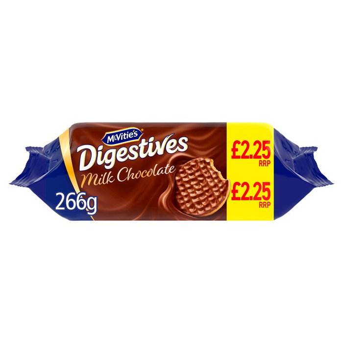 Front-facing pack of McVitie's Digestive Milk Chocolate biscuits, 1 x 266g retail pack showing branded packaging and milk-chocolate–coated digestives; PMP £2.25.