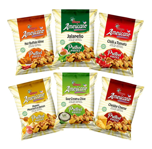 Americano Pretzel Pieces assorted pack — six individual 100g bags of crispy savory pretzel pieces in Hot Buffalo, Jalapeno, Chilli Tomato, Honey Mustard & Onion, Sour Cream and Chive, and Cheddar Cheese flavors.