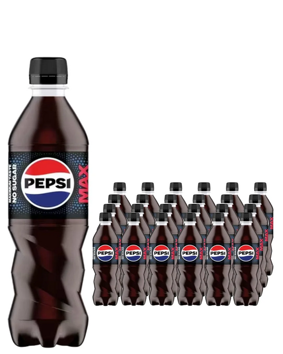 24-pack of Pepsi Max 500ml bottles in a cardboard multipack, black-labelled sugar-free cola in clear plastic bottles with the red, white and blue Pepsi logo