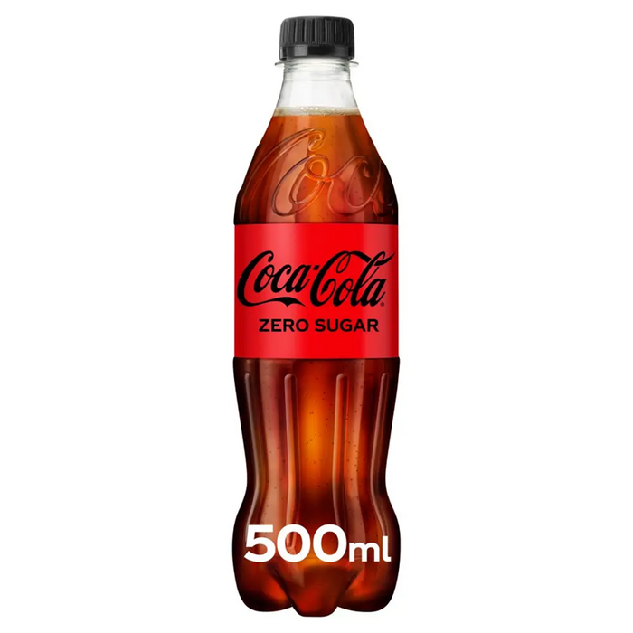 Pack of twelve 500ml Coca-Cola Zero plastic bottles with black labels and red logo, shrink-wrapped retail pack for GB