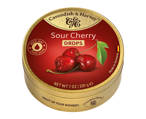 Cavendish & Harvey Hard Candy Drops Sour Cherry — 1 x 200g pack, branded pouch of cherry-flavored hard sweets