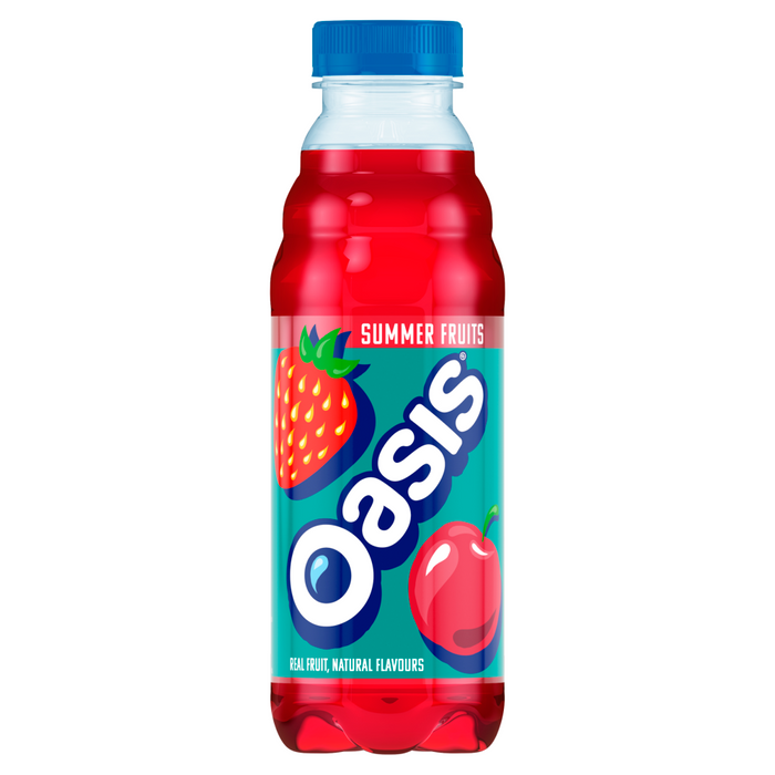 Oasis Summer Fruits 12 x 500ml pack — twelve 500ml bottles of Oasis Summer Fruits fruit squash with bright purple labels and summer-fruit illustrations.
