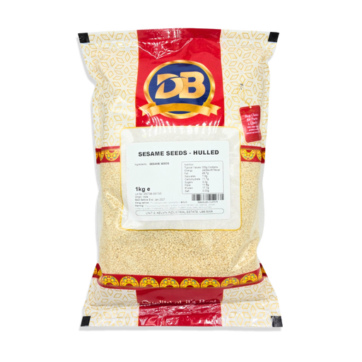 1kg bag of hulled white sesame seeds on a white background