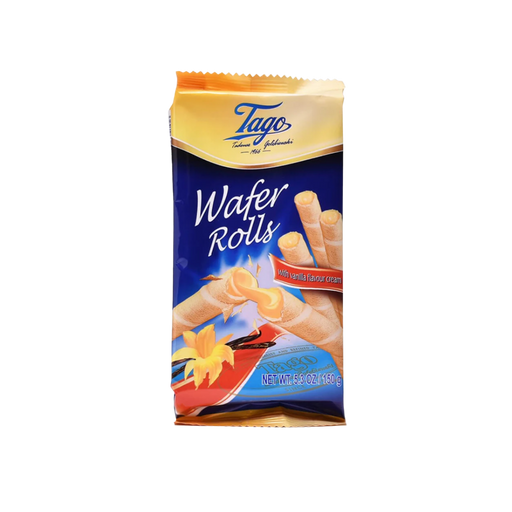 Pack of ten 150g Tago Vanilla Wafers displayed together — sealed retail packs with visible product name and round golden vanilla biscuits