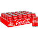 Pack of 24 Coca-Cola 330ml cans in red branded Irish-market multipack, front view showing white script logo and shrink-wrapped carton