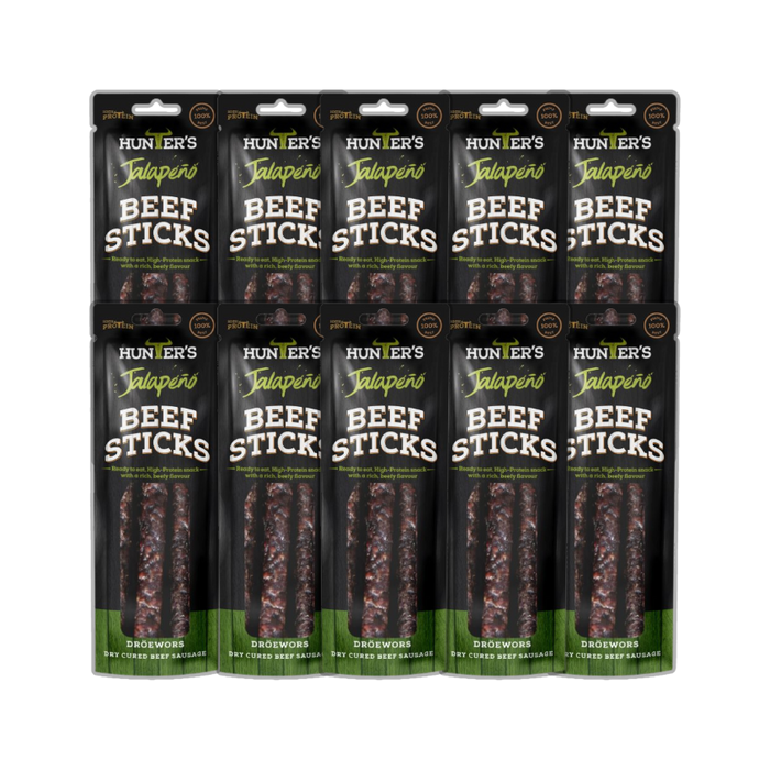Close-up image of Hunters Jalapeño Beef Sticks highlighting the texture and jalapeño bits.