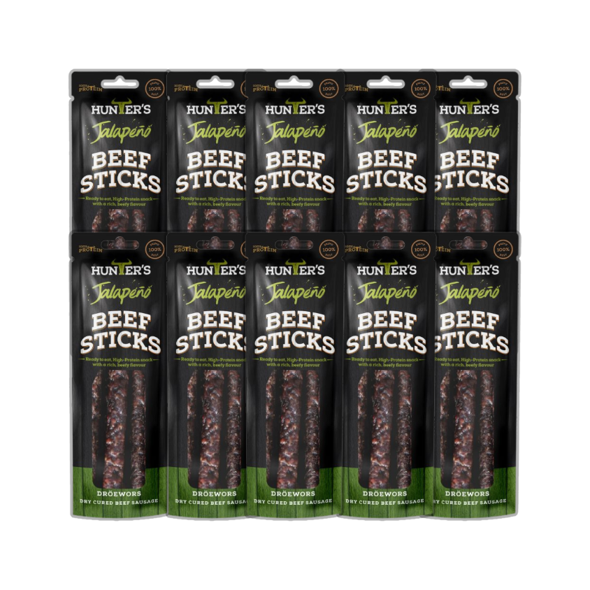 Close-up image of Hunters Jalapeño Beef Sticks highlighting the texture and jalapeño bits.