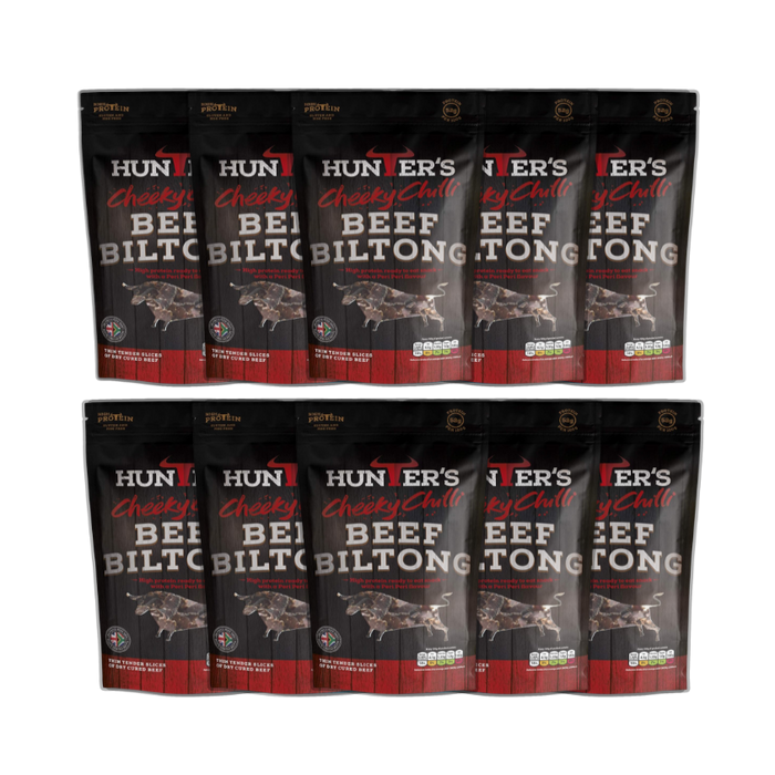 A close-up image showing the texture and spice coating of Hunters Chilli Beef Sliced Biltong.