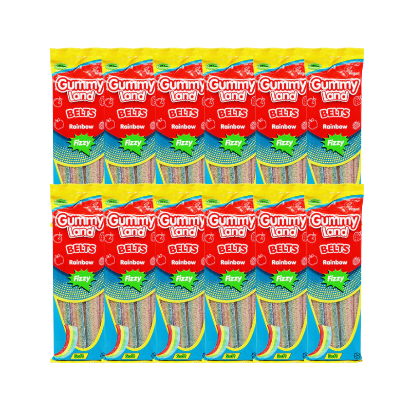 Gummy Land Rainbow Fizzy Belts - Case of 12 x 150g Packs