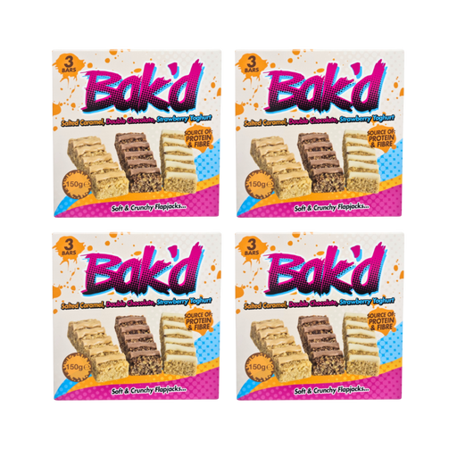 BAK'D Protein Flapjack Selection Box with Salted Caramel, Chocolate, and Strawberry Yoghurt flavors