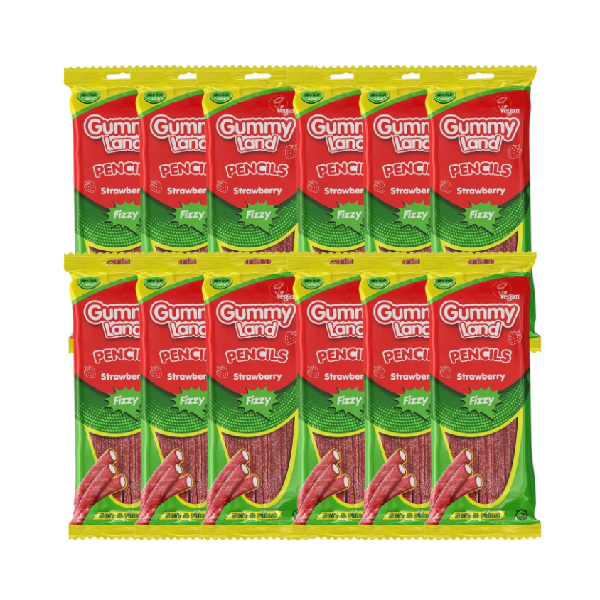 Gummy Land Strawberry Fizzy Pencils Sweets 150g - Tangy Strawberry Flavor