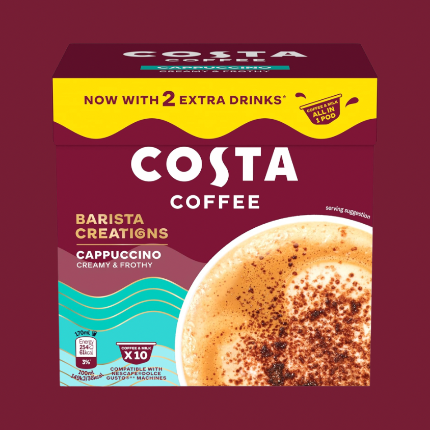 Costa Coffee Cappuccino Pod being inserted into a coffee machine