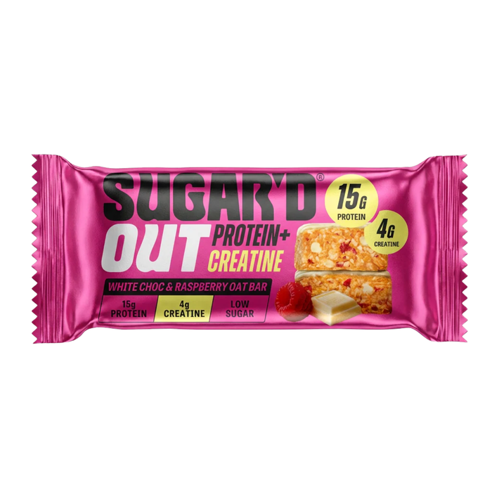 Sugar'D Out White Choc Raspberry Protein + Creatine Oat Bar, box of 12 × 68g; pink-and-white branded packaging showing raspberries and white chocolate pieces, high-protein oat snack