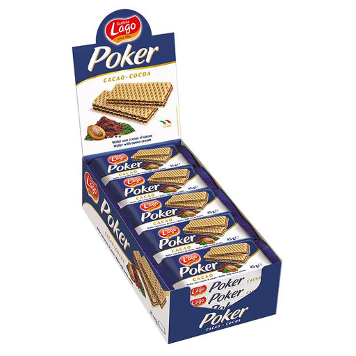 Box of Lago Cocoa Creme Wafers (20 × 45g) — retail pack of 20 individually wrapped cocoa crème wafer bars, packaging showing stacked crispy wafer layers and cocoa filling.