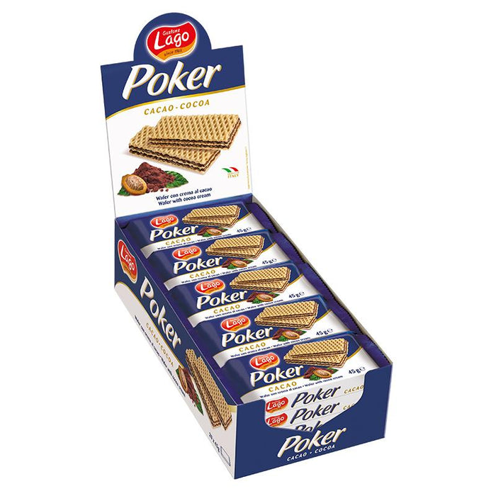 Box of Lago Cocoa Creme Wafers (20 × 45g) — retail pack of 20 individually wrapped cocoa crème wafer bars, packaging showing stacked crispy wafer layers and cocoa filling.