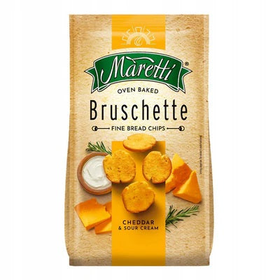 Maretti Cheddar & Sour Cream Bruschette 70g x 14 — retail box of 14 individual 70g bags with one open bag showing golden, thin toasted crisps dusted with cheddar and sour cream seasoning