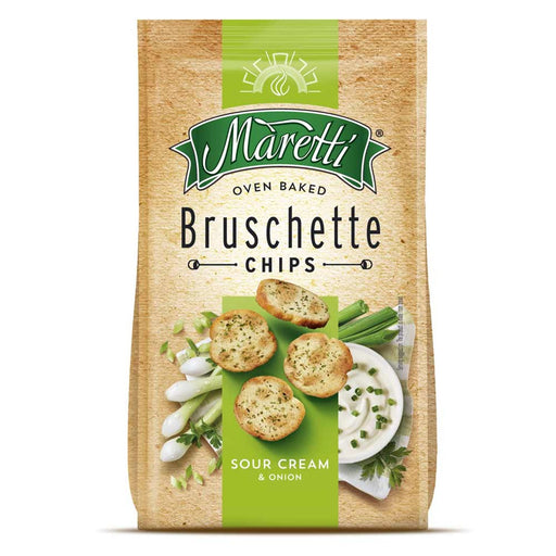 Multipack box of Maretti Sour Cream and Onion Bruschette chips — 14 individual 70 g bags; front displays the brand name and an image of toasted bruschette crisps with sour cream and onion garnish.