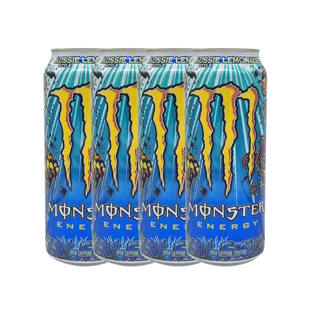 Monster Energy Aussie Lemonade 4-pack on a store shelf, attracting attention with its eye-catching design.