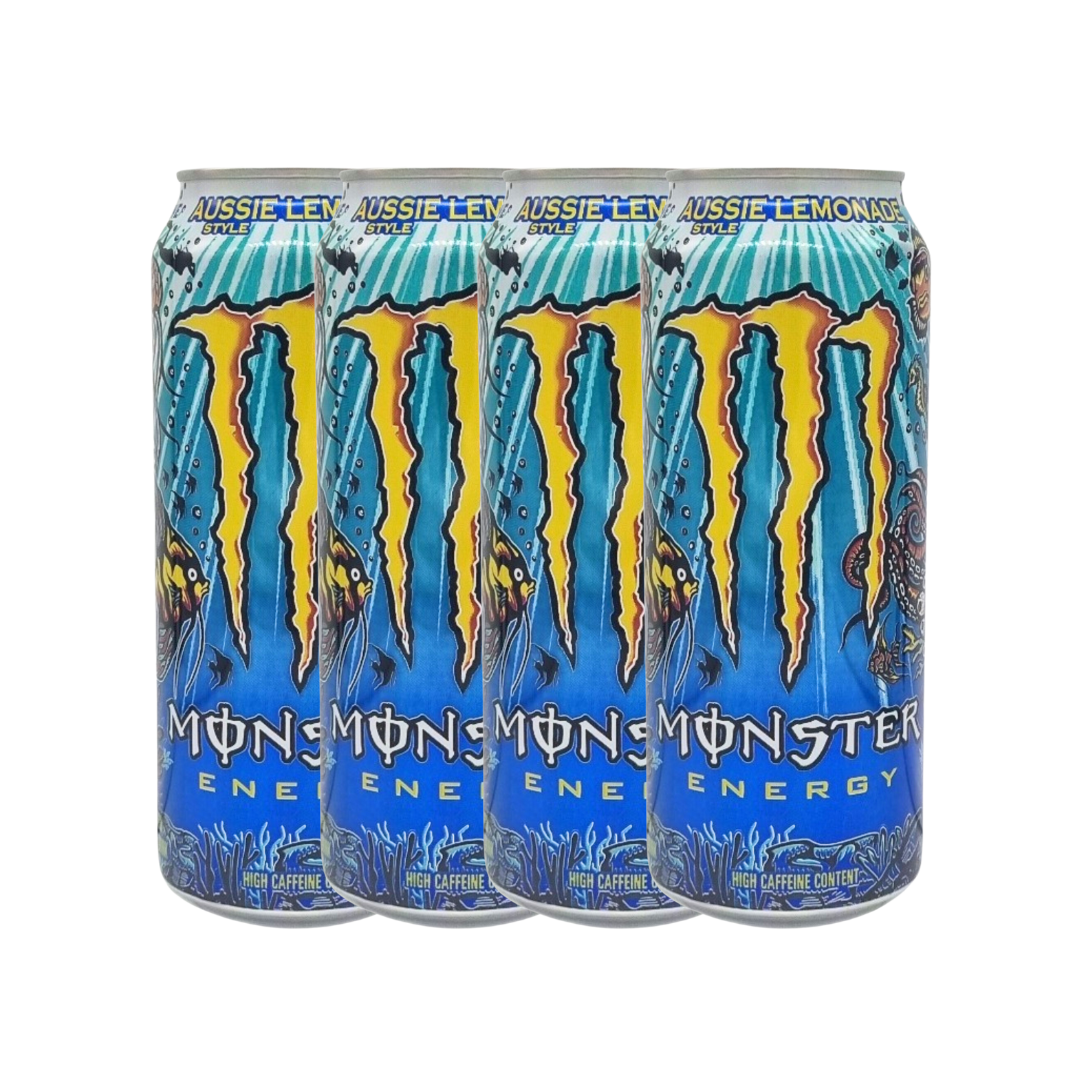 Monster Energy Aussie Lemonade 4-pack on a store shelf, attracting attention with its eye-catching design.