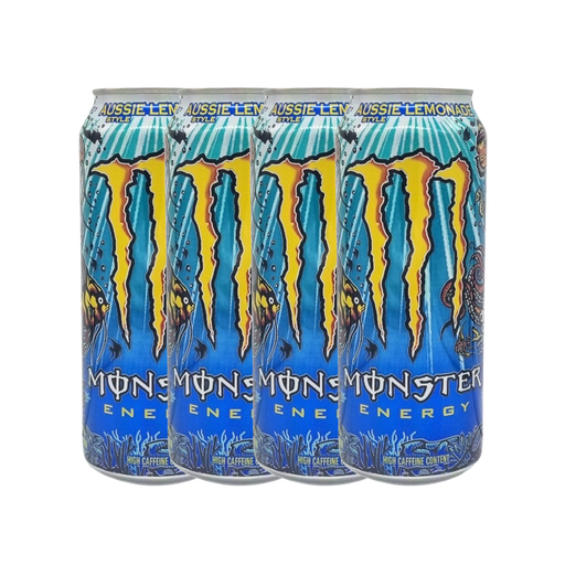 Monster Energy Aussie Lemonade 4-pack on a store shelf, attracting attention with its eye-catching design.