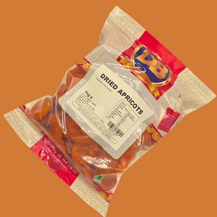 Packaged dried apricots with a visible brand logo on an orange background
