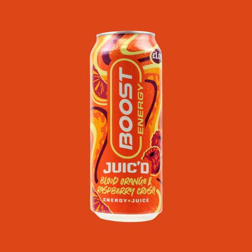 Boost Energy Juic'd can with blood orange and raspberry flavor on an orange background