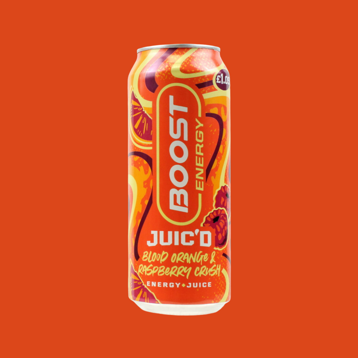 Boost Energy Juic'd can with blood orange and raspberry flavor on an orange background