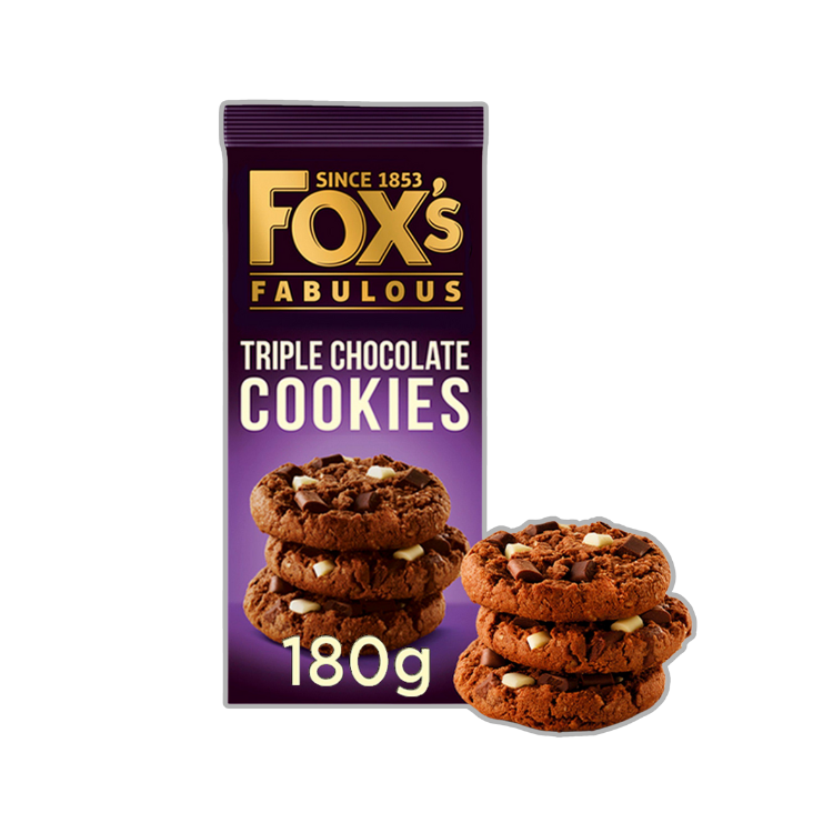 Fox's Fabulous Triple Chocolate Cookies 180g box on display.