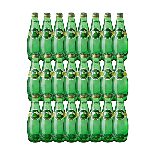 Twenty-four 330 ml Perrier glass bottles lined up on a white background

